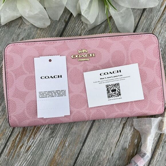Coach Powder Pink Long Zip Around Wallet In Signature Canvas Bag Purse - Picture 7 of 8